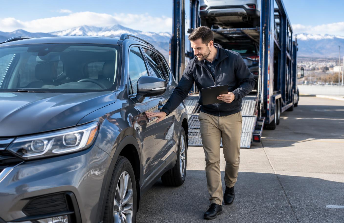 Vehicle shipping coordinator inspecting an SUV before loading